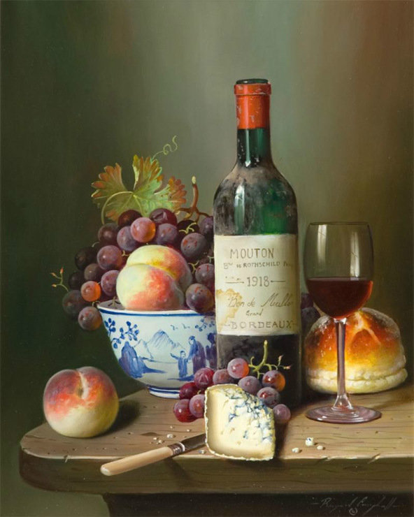 серия "натюрморт" - натюрморт.вино.виноград.персики.сыр.булка - оригинал