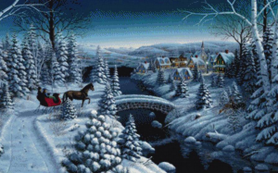 Зима - ночь, снег, мост, пейзаж, дома, дом, рождество, зима, новый год - предпросмотр