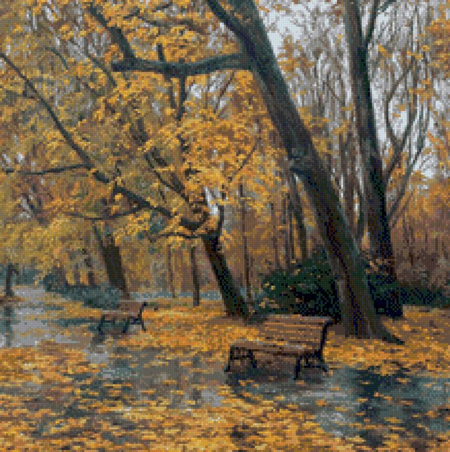 художник Валерий Бусыгин - осень, парк, скамейка, картина - предпросмотр