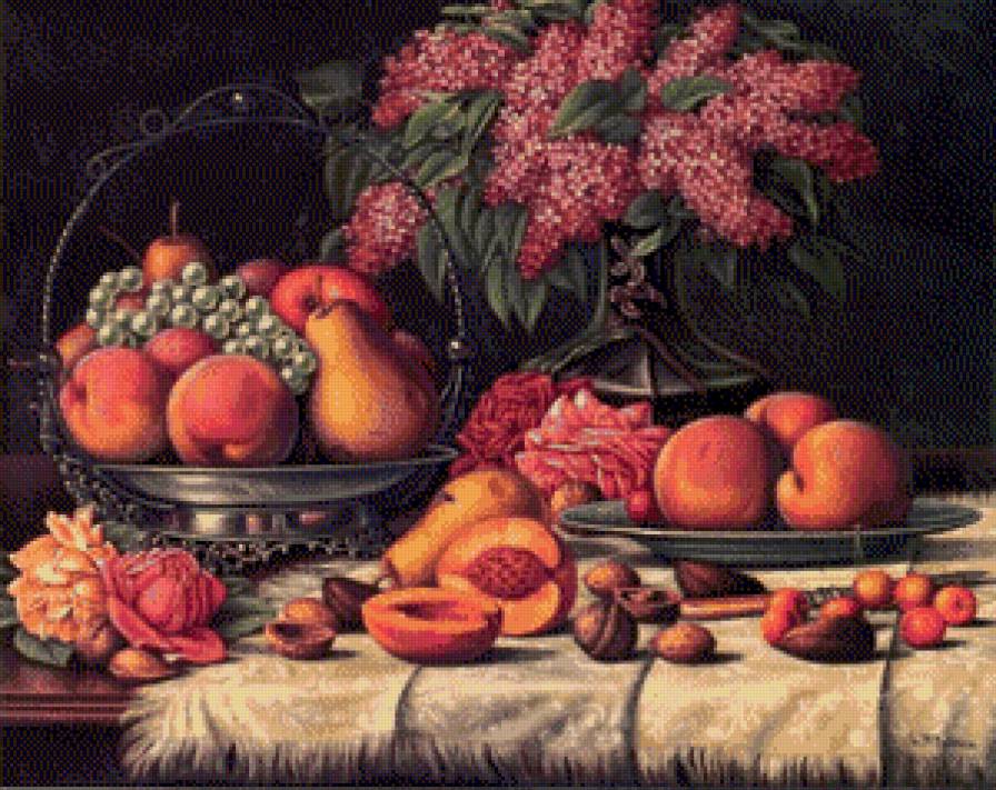 Натюрморт - фрукты, персики, цветы, виноград, груша, натюрморт, сирень - предпросмотр