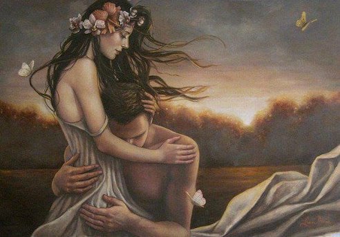 свидание - природа, вечер, девушка, деревья, романтика, бабочки, парень - оригинал