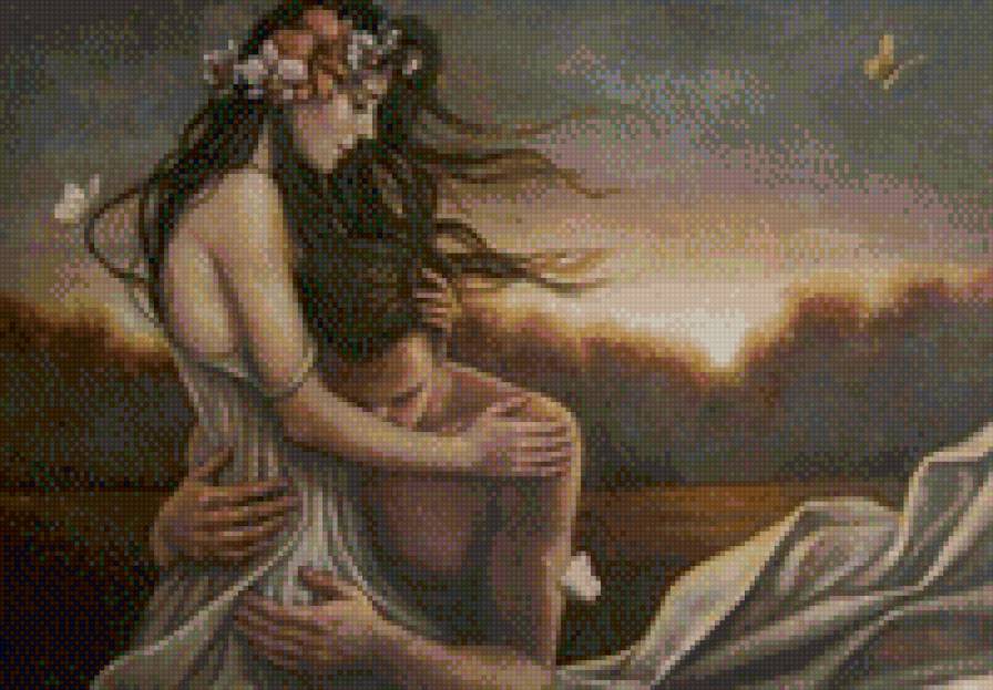 свидание - девушка, деревья, парень, природа, романтика, вечер, бабочки - предпросмотр