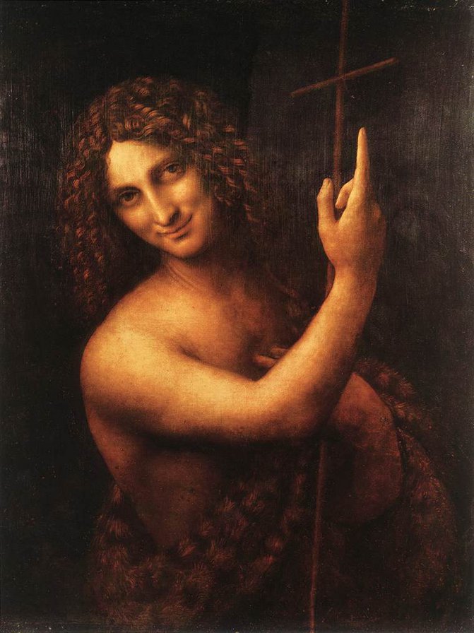 St John the Baptist, 1513-16, oil on wood, 69 x 57 cm - картина, искусство, леонардо да винчи - оригинал