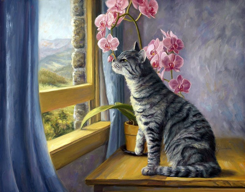 №716631 - цветы, окно, кот, орхидея, картина - оригинал