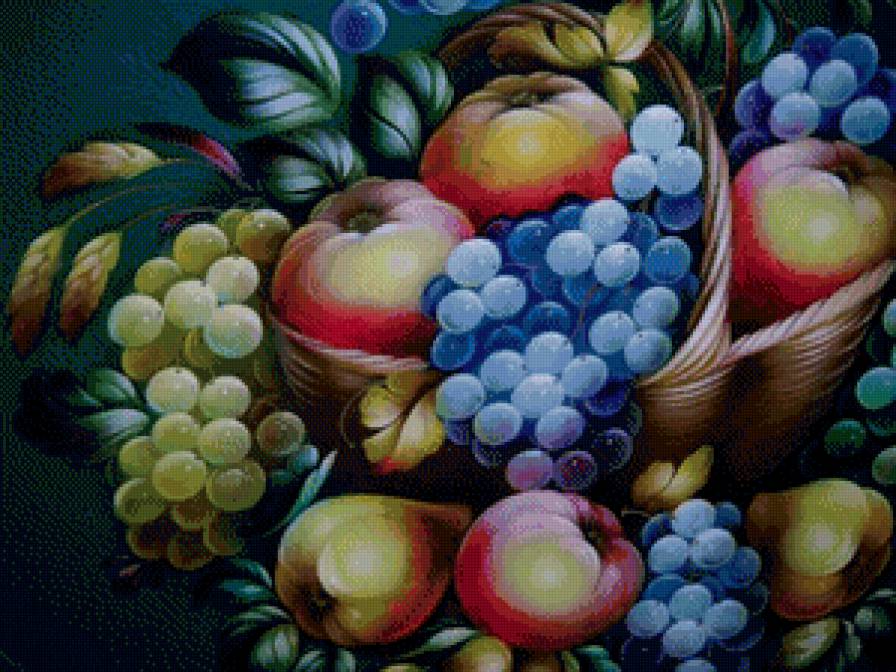 №716657 - жостово, натюрморт, розы, фрукты, яблоки, виноград, корзина, цветы - предпросмотр
