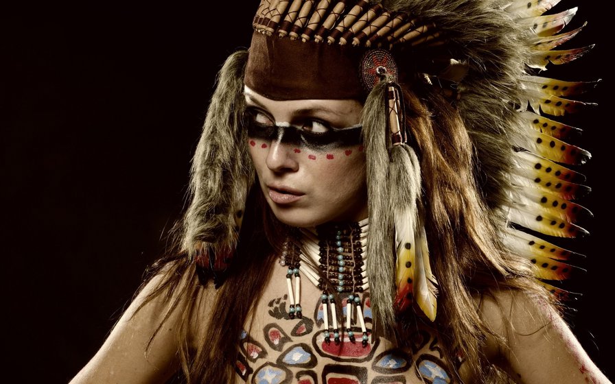 Девушка из племени - раскрас, головной убор, индейцы, девушка, портрет, перья, племя - оригинал