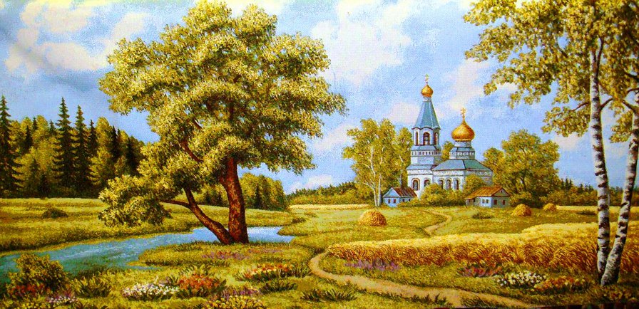 дорога к храму - березы, пейзаж, река, храм - оригинал