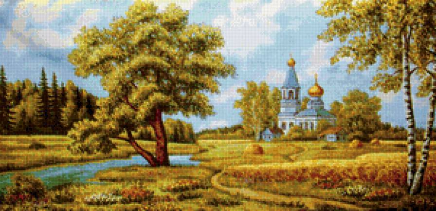 дорога к храму - река, пейзаж, храм, березы - предпросмотр