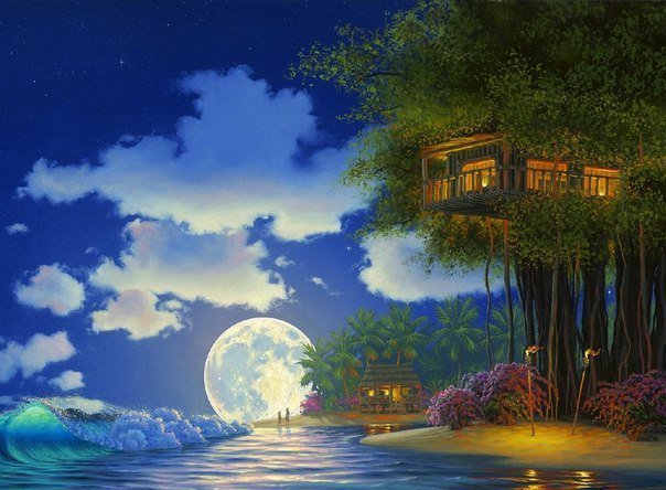 Райский уголок - дом, огонь, двое, вода, ночь, море, пара, луна - оригинал