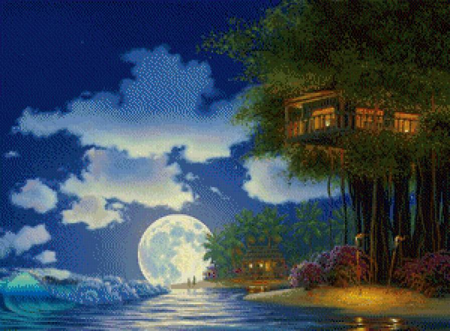 Райский уголок - луна, пара, вода, огонь, дом, двое, море, ночь - предпросмотр