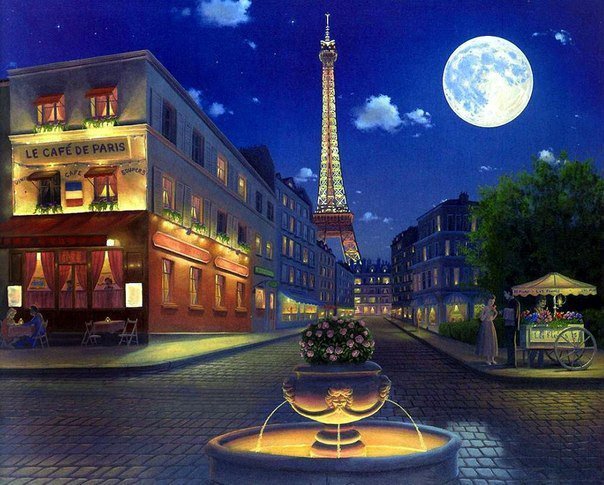 Парижская ночь - кафе, люди, ночь, башня, париж, город, луна - оригинал