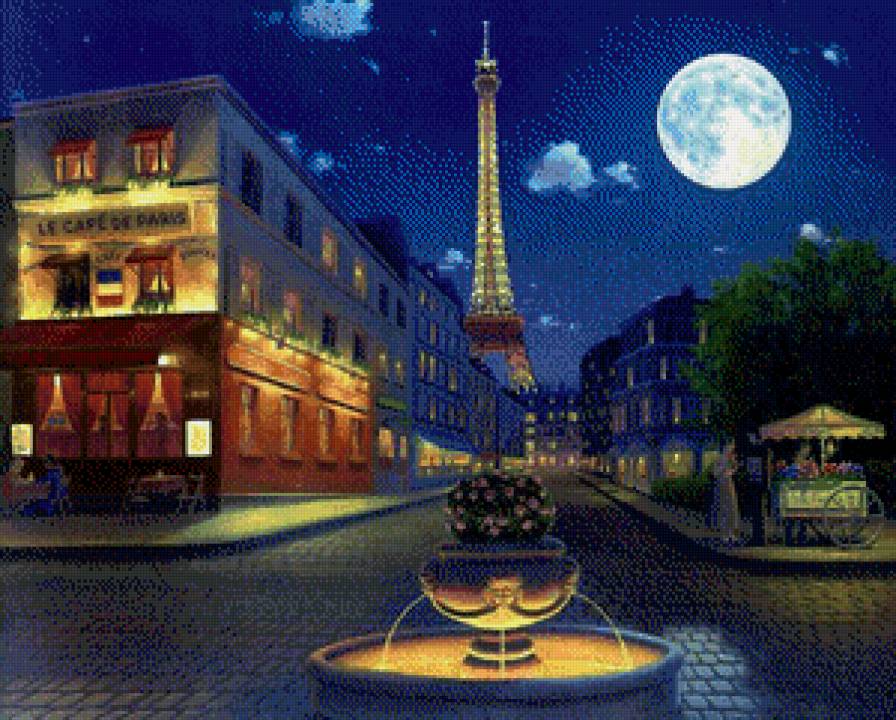 Парижская ночь - кафе, город, люди, париж, луна, ночь, башня - предпросмотр