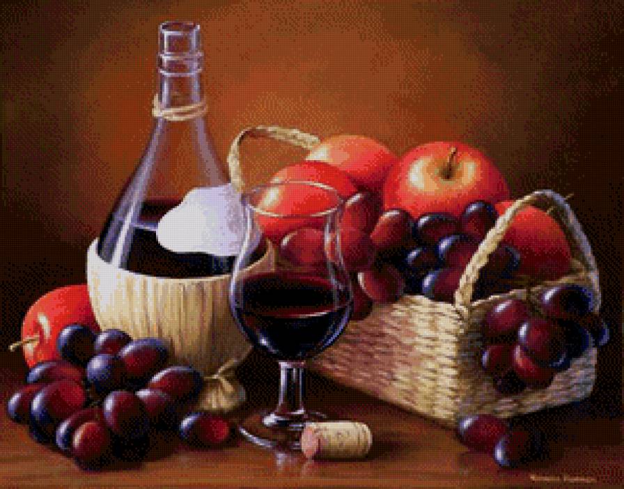 натюрморт с вином - натюрморт, вино, виноград, фрукты - предпросмотр