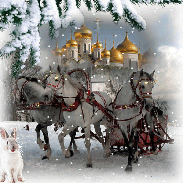 Рождественская тройка - храм, церковь, упряжка, ель, снег, лошади, праздник, заяц - оригинал