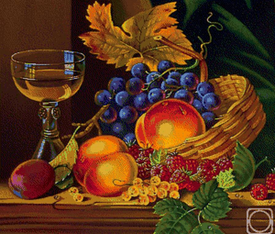 натюрморт - натюрморт, яблоко, вино, цветы - предпросмотр