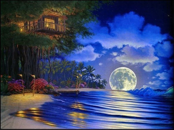 Пляж - пляж, ночь, экзотика, море, луна, волны - оригинал