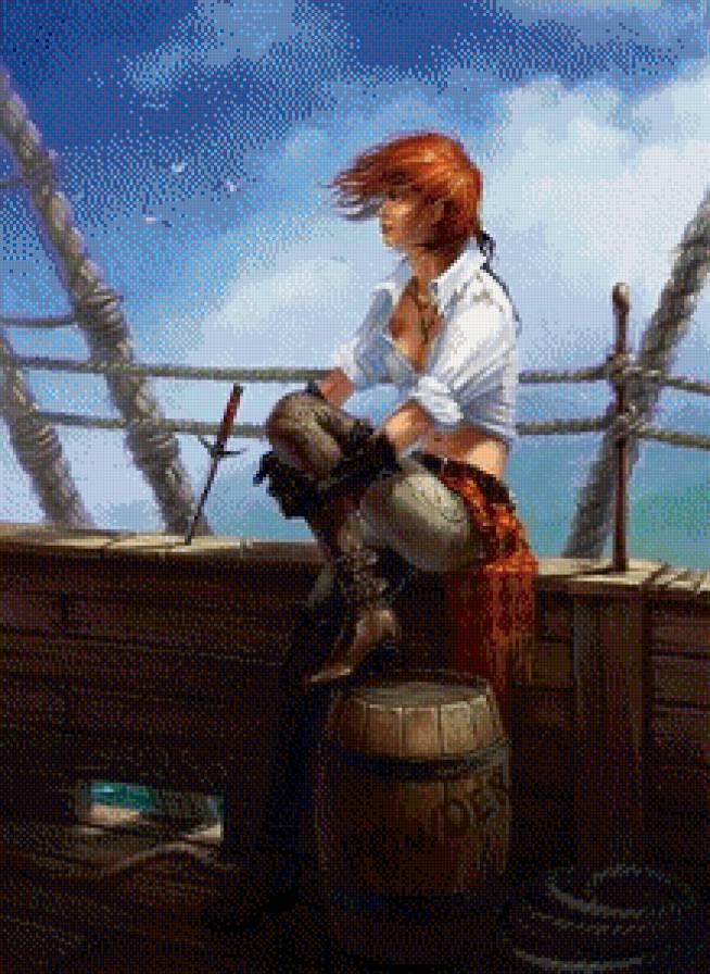 Пиратка - девушка, море, вода, пиратка, бочка, пират - предпросмотр