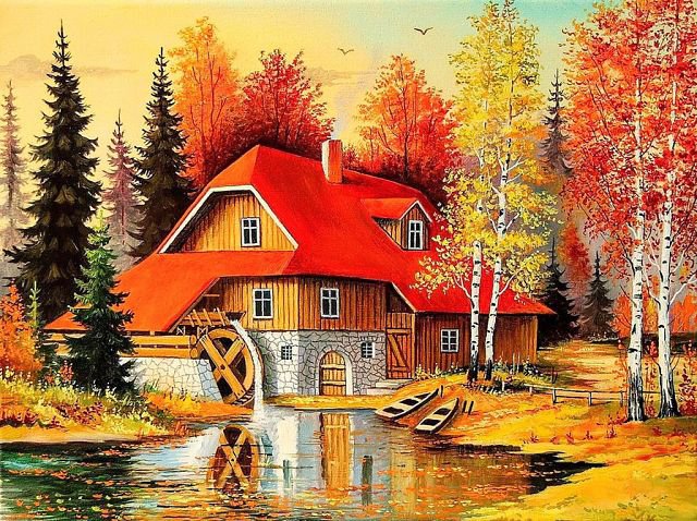 осень - мельница, дом, пейзаж, природа - оригинал