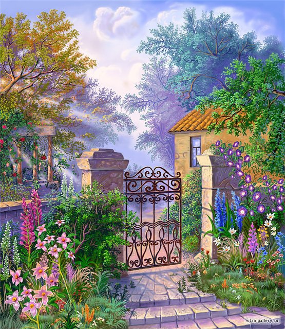 Дворик - цветы, калитка, дом, пейзаж - оригинал