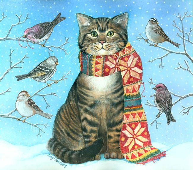 зимняя прогулка - зима, коты, кот, птицы, котики - оригинал