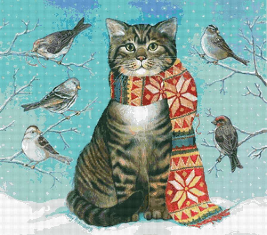 зимняя прогулка - зима, коты, птицы, кот, котики - предпросмотр