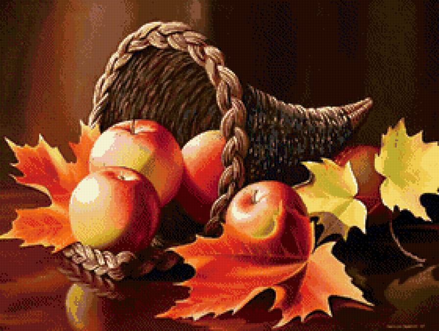 осенний рог изобилия - на кухню, натюрморт, корзина, яблоки, листья, осень, рог, клен - предпросмотр