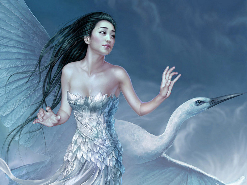 Девушка и цапля - двое, фэнтази, девушка, цапля - оригинал