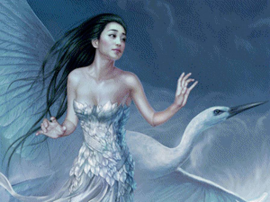 Девушка и цапля - фэнтази, цапля, двое, девушка - предпросмотр