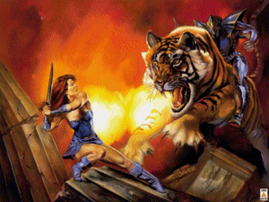 Девушка и тигр - тигр, двое, девушка, фэнтази - предпросмотр