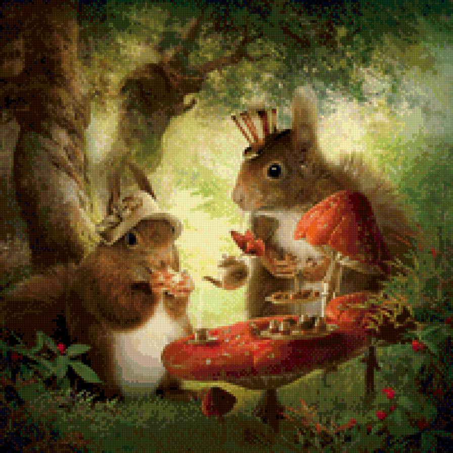 Чаепитие - фауна, чай, лес, животные, белки - предпросмотр