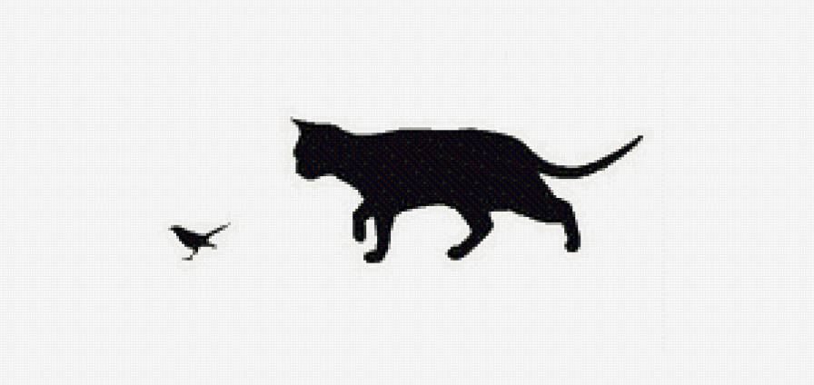 Силуэт кошки и птички - монохром. животные, птица, кошка, силуэт - предпросмотр