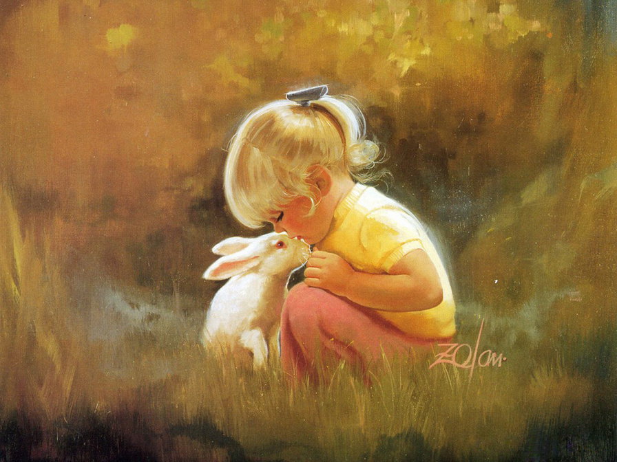 картины Дональда Золана - нежность, дети, кролик - оригинал