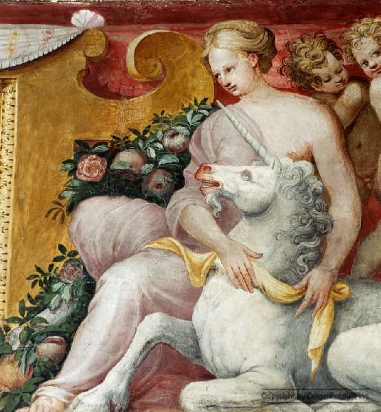 Единорог и дама - фреска, девушка, единорог - оригинал