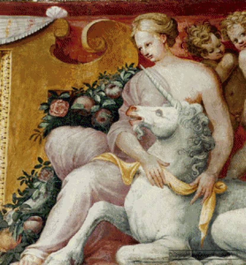 Единорог и дама - девушка, фреска, единорог - предпросмотр