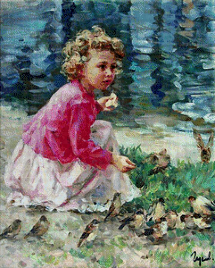 Девочка и птички - предпросмотр