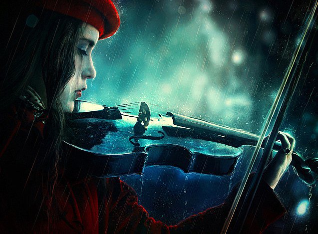 Девушка со скрипкой - скрипка, девочка, дождь, девушка - оригинал