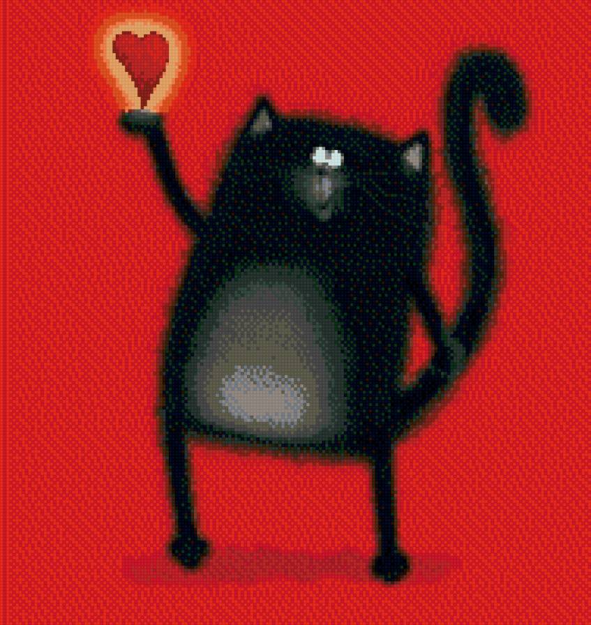 кот - кот, мультяшка, сердце, черный, котенок - предпросмотр