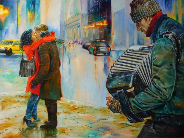 поцелуй под дождём - музыкант, живопись, дождь, поцелуй, пара, любовь - оригинал