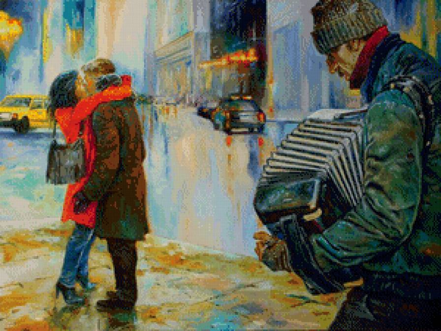 поцелуй под дождём - пара, дождь, музыкант, живопись, поцелуй, любовь - предпросмотр