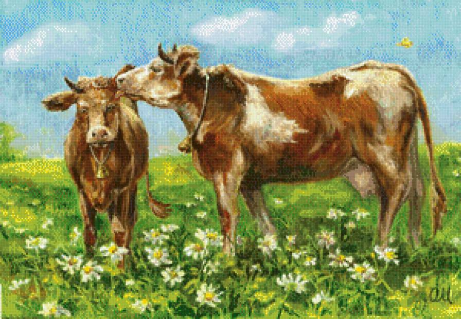 На лугу - животные, поле, картины, коровы - предпросмотр