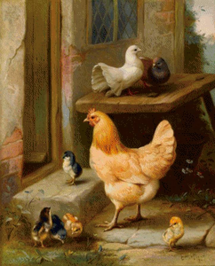 Курица с цыплятами - цыплята, картины, курица, птицы - предпросмотр