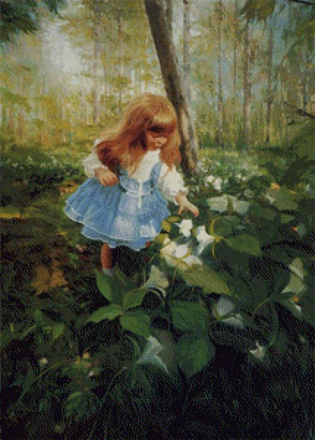 картины Дональда Золана - девочка, лес, цветы - предпросмотр