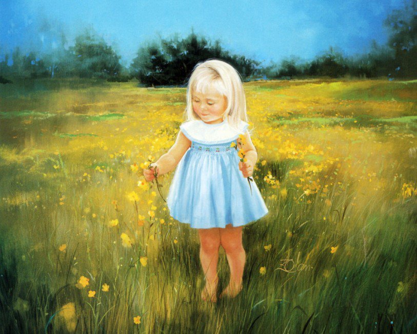 картины Дональда Золана - цветы, дети, поле - оригинал