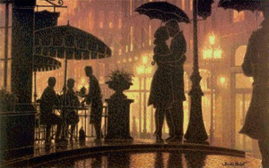 дождь в городе - улица, кафе, влюбленные, фонари - предпросмотр