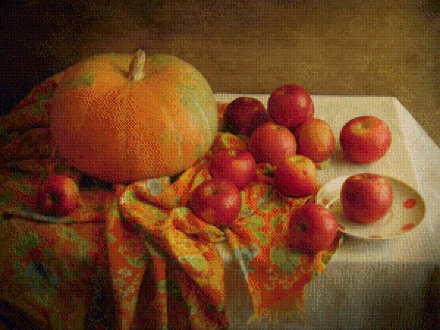 натюрморт с тыквой и яблоками - яблоко, тыква, овощи, натюрморт - предпросмотр