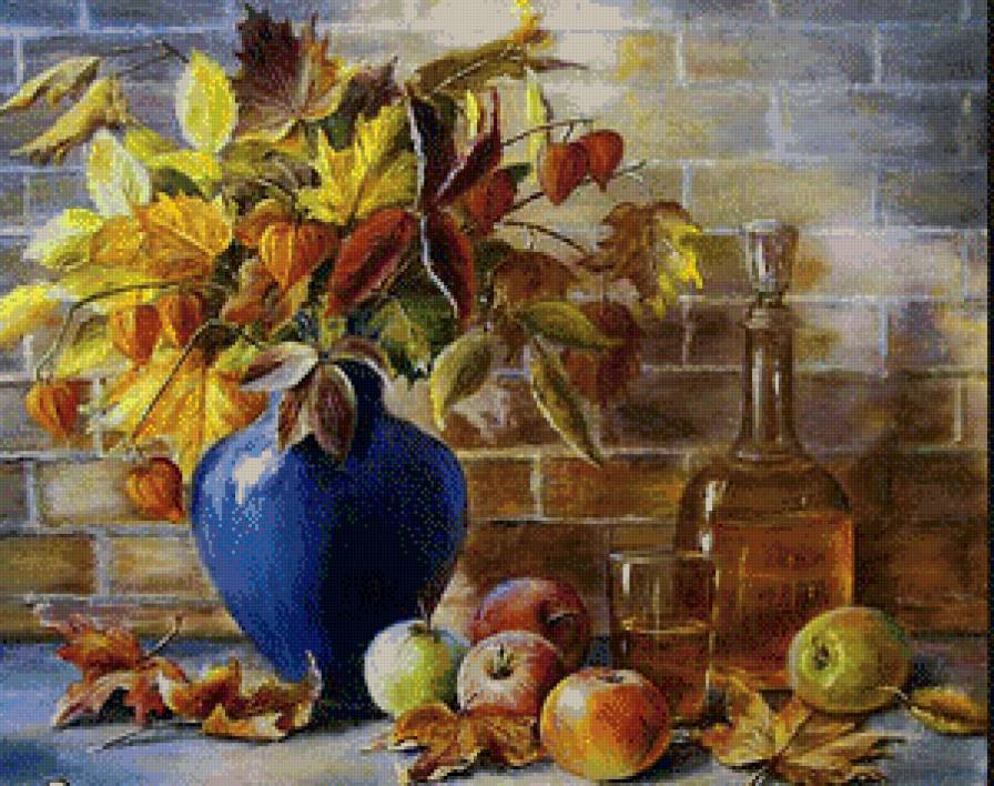 Осенний натюрморт - вино, натюрморт, фрукты - предпросмотр