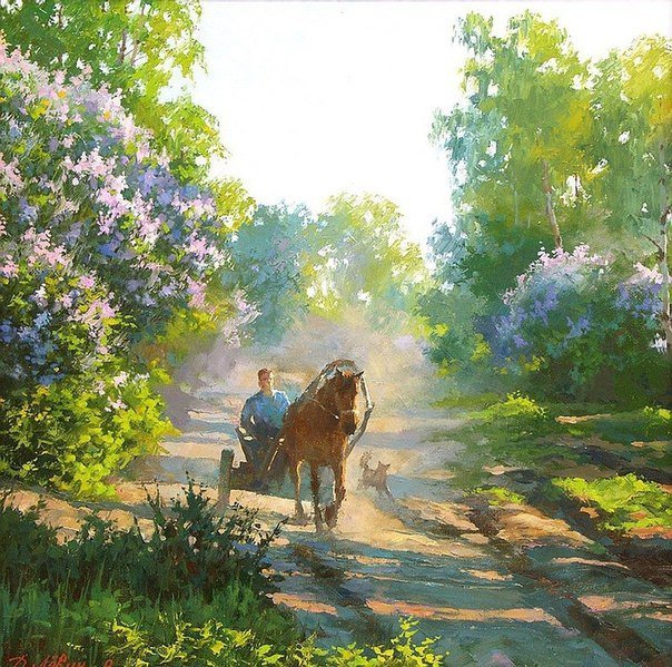 в деревне - природа, село, пейзаж, лето, деревня, лошадь, живопись - оригинал