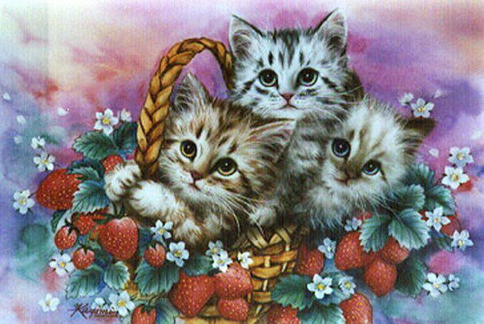 серия ,,кошки" - животные.котята.корзина.клубника - оригинал