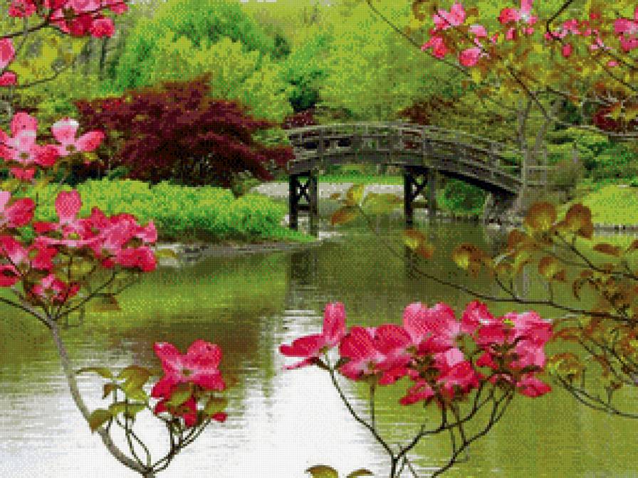 природа - мост, деревья, цветы, вода - предпросмотр