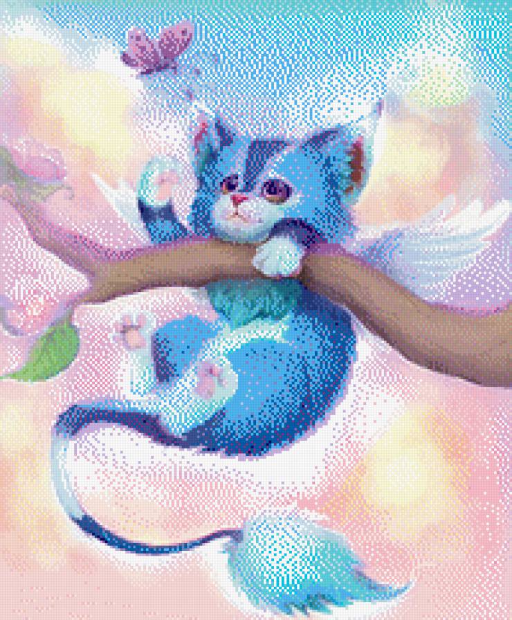 котенок"волшебный,летающий за бабочкой" - котенок, бабочка, крылатый, котенок на дереве. - предпросмотр